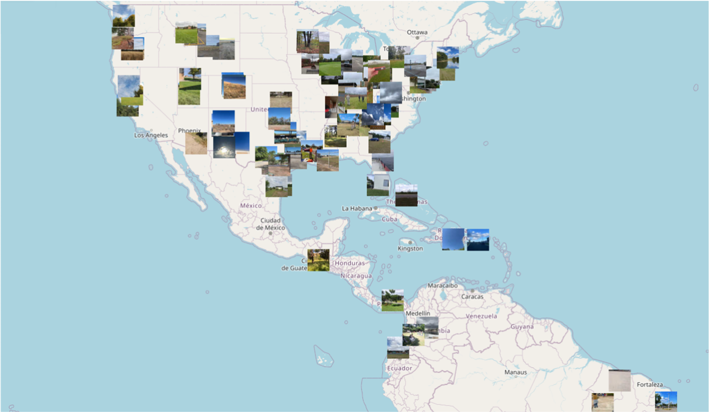 A map showing North, Central and South America with thumbnail images indicating land cover photographs collected during the annular solar eclipse on 14 October 2023.