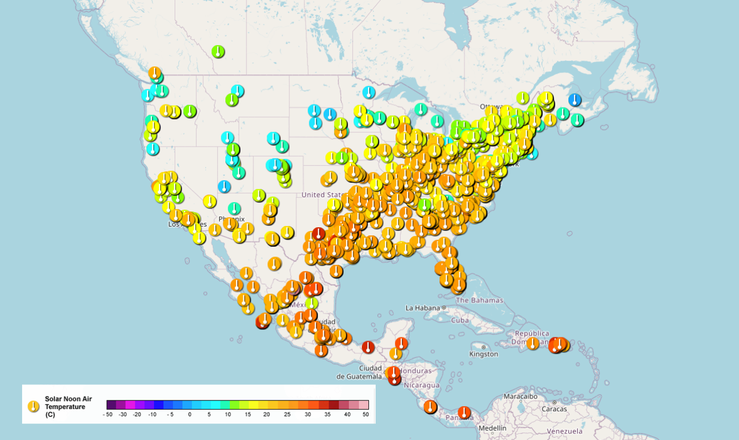 A map showing North and Central America with colored points indicating the air temperature data collected during the total solar eclipse on 08 April 2024.