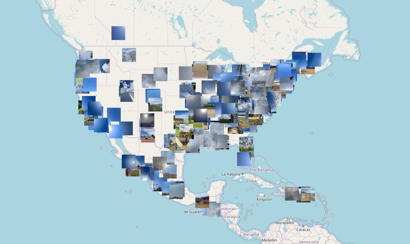 A map showing North and Central America with thumbnail images indicating land cover photographs collected during the total solar eclipse on 08 April 2024.