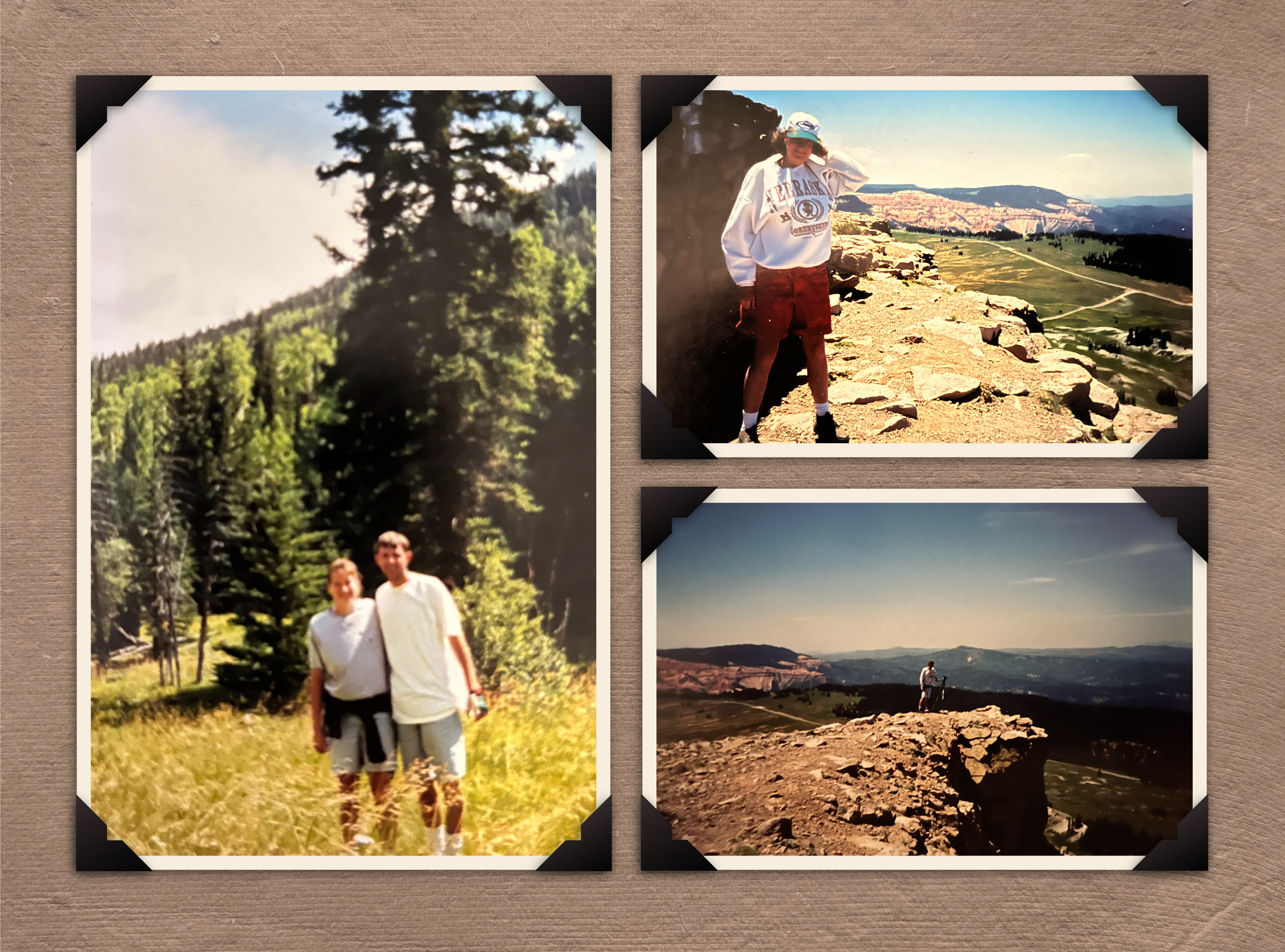 A photo collage showing three photos displayed on the page of a photo album. The photo on the left shows a man and a woman dressed in shorts posing in front of a pine and aspen forest. The top right photo shows a woman standing on a rocky ledge with a meadow and forest in the background below. The lower left photo shows a person standing on top of a rocky mountain.