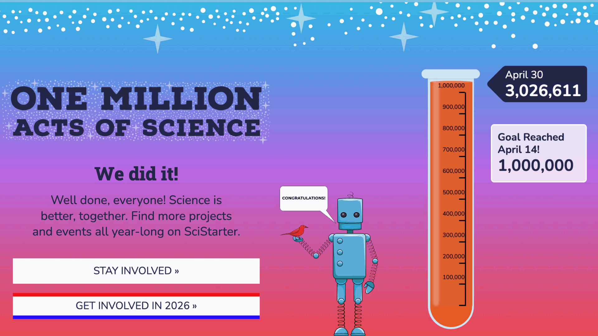 One Million Acts of Science animated GIF, with a test tube filled up all the way to 1,000,000, a robot with a thought bubble saying congratulations, and fireworks in the background.