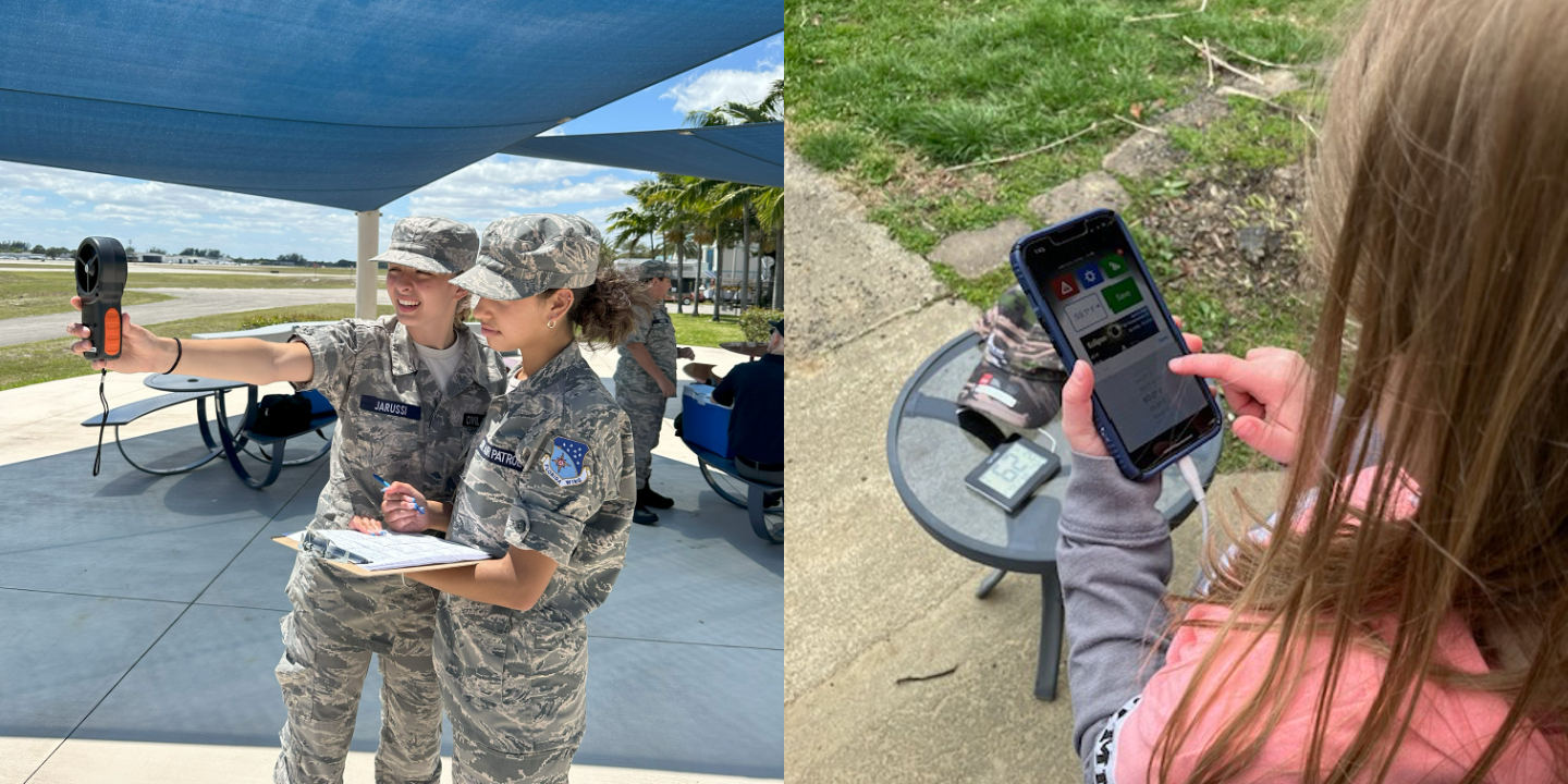 Left image is two Civil Air Patrol cadets, one holding an anemometer to measure wind speed, the other holding a clipboard to record data. The right picture is a young girl holding a phone with the GLOBE Eclipse tool open on it. On a table in front of her can be seen a digital thermometer screen.