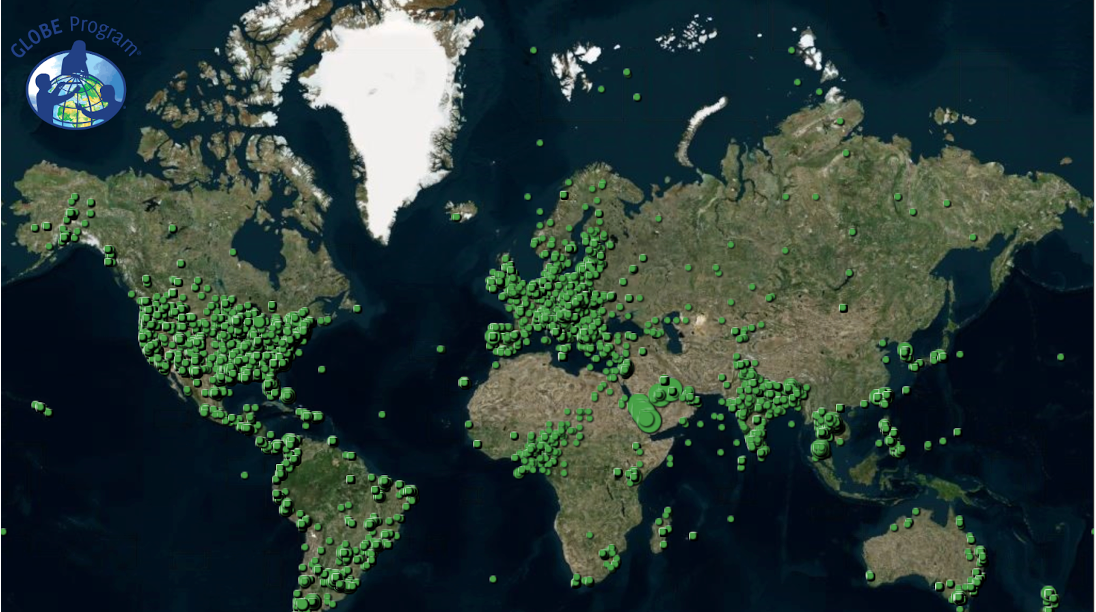 The picture shows a map of the world. Green dots indicate the distribution of GLOBE trees observations. The dots are most concentrated in the United States, Europe, and southern Asia with significant clusters in South America, western Africa and eastern Australia. The GLOBE Program logo is in the upper left corner. 