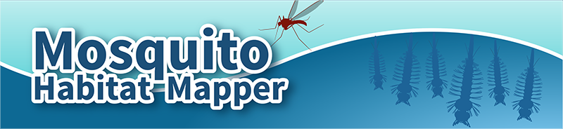 A two-toned blue banner in which the lower, darker shade of blue resembles water and the lighter upper blue resembles the sky. Outlines of six mosquito larvae are in the lower part of the banner. An adult mosquito is in the top of the banner. Text reads Mosquito Habitat Mapper. 