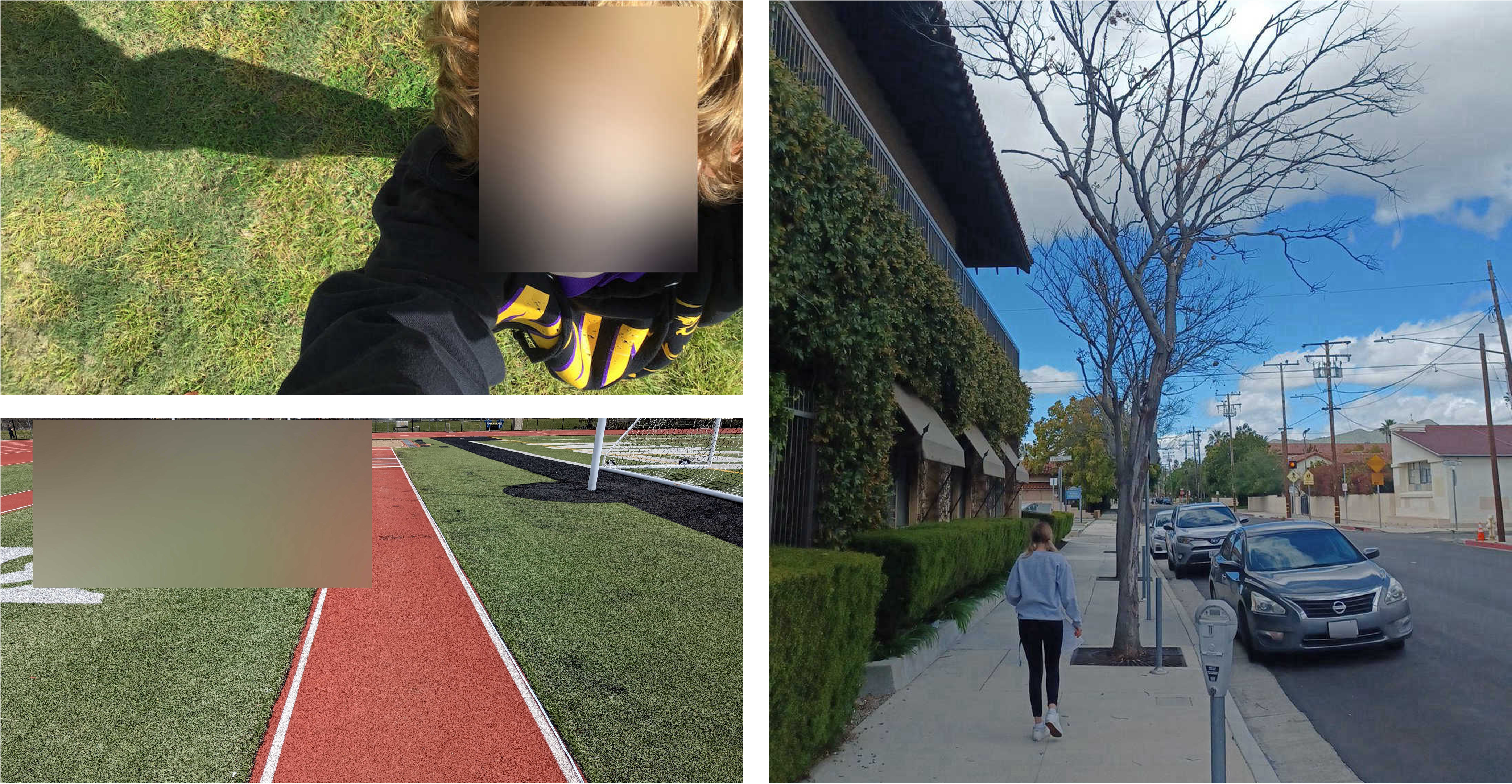 A collage of three photos. One photo shows a child whose face is blurred to be unrecognizable. The second photo shows a sports field with a section of the field that showed text blurred. The third photo shows cars parked on a road. The license plates are blurred. 