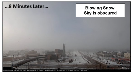 The same landscape 8 minutes later, with blowing snow having moved closer obscuring the view of the sky.
