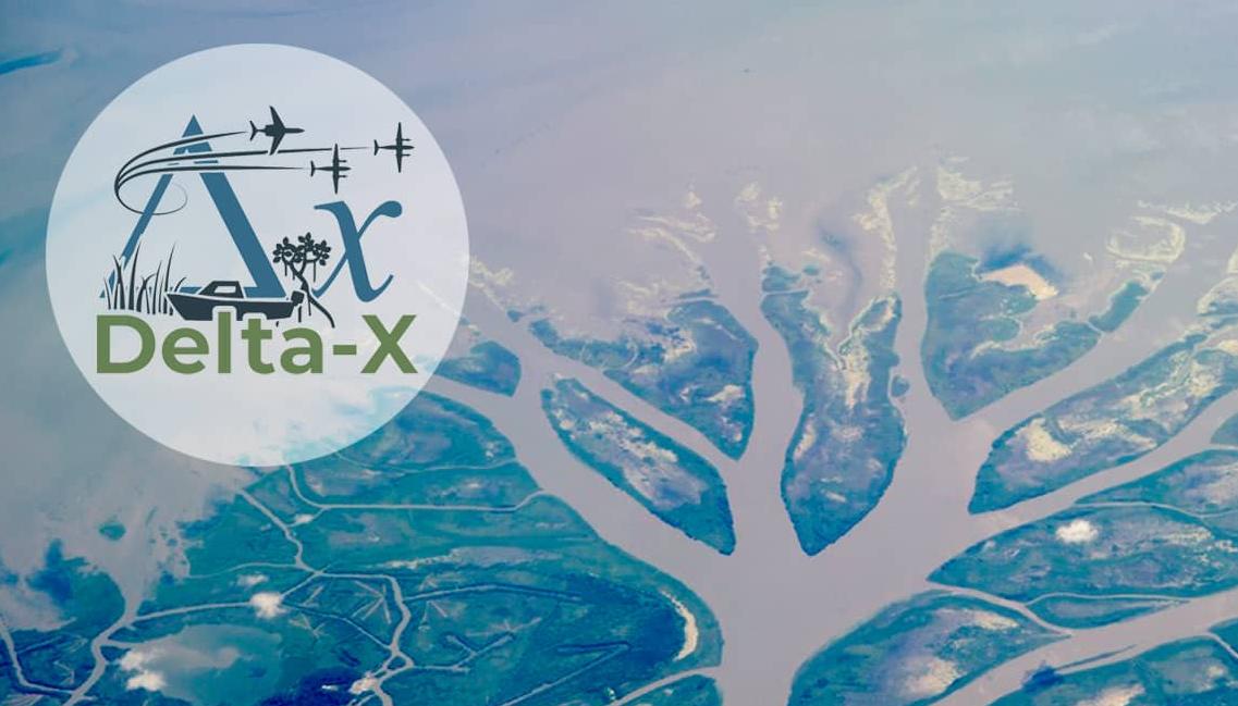 The Delta-X mission logo with a background of a river delta from space.
