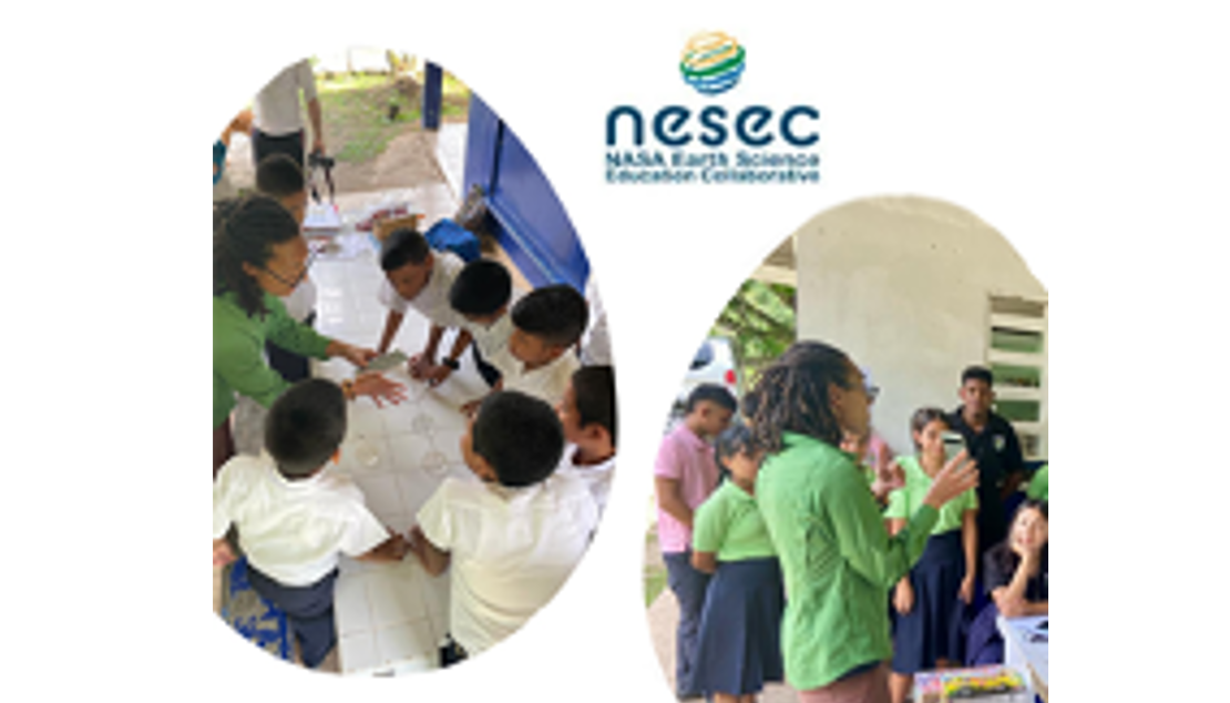 Students gather around a dish of water on the floor in one photo. A second photo shows a teacher with a phone in her hand  instructing students.