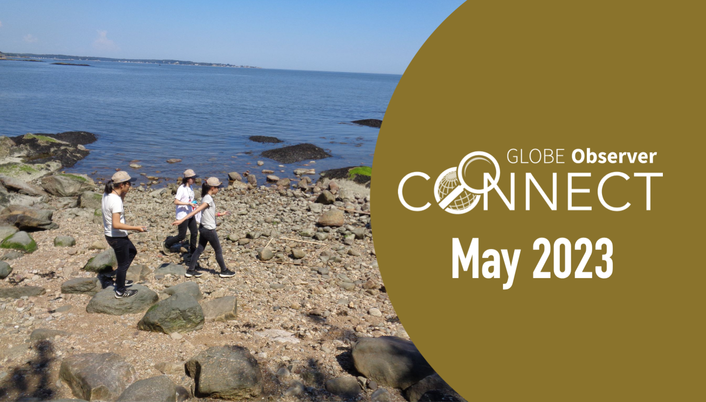 Students walking on a rocky beach and the text GLOBE Observer Connect May 2023