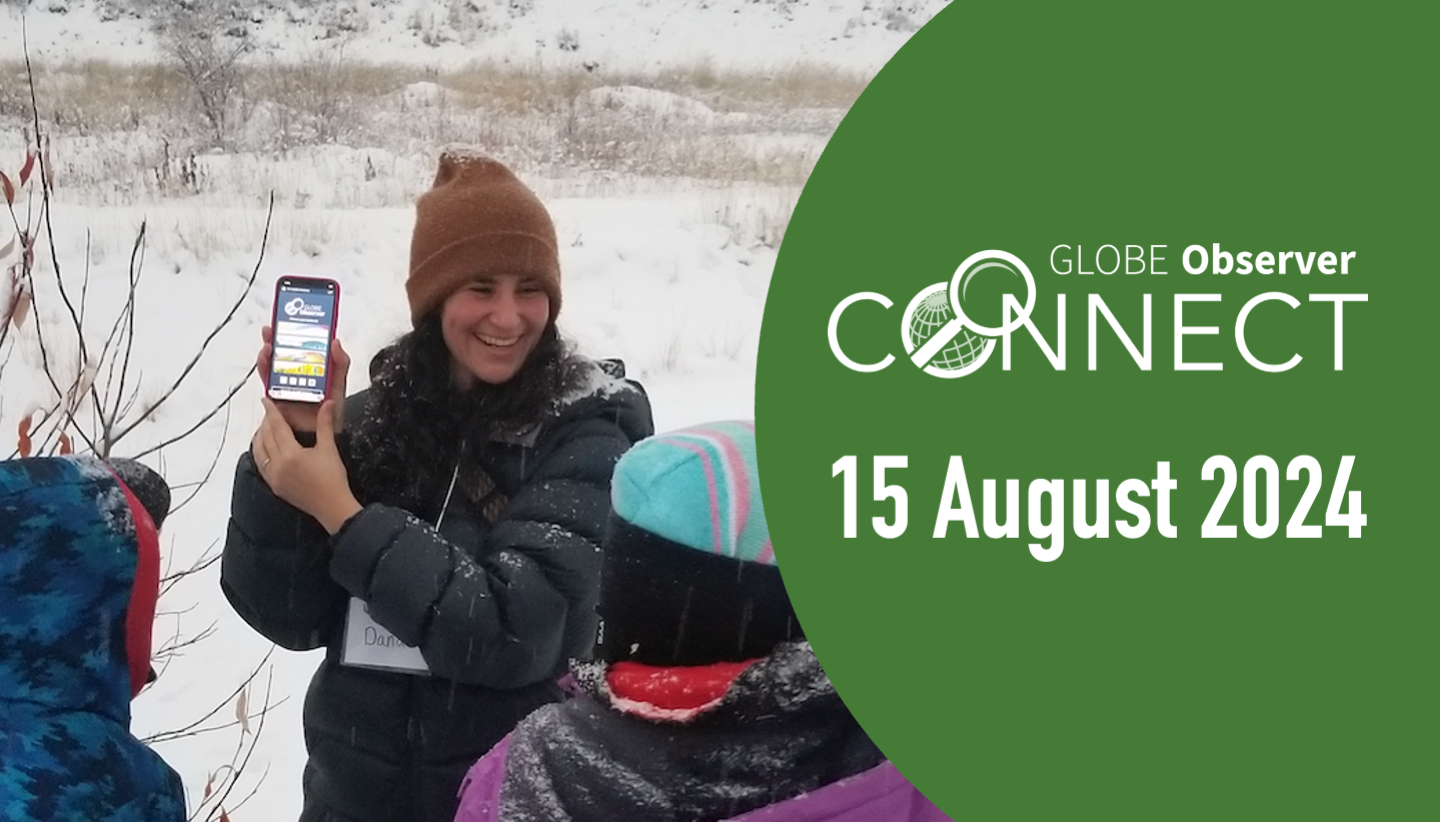 A woman holds up a phone with the GLOBE Observer app, with a snowy scene in the background. The text says GLOBE Observer Connect 15 August 2024