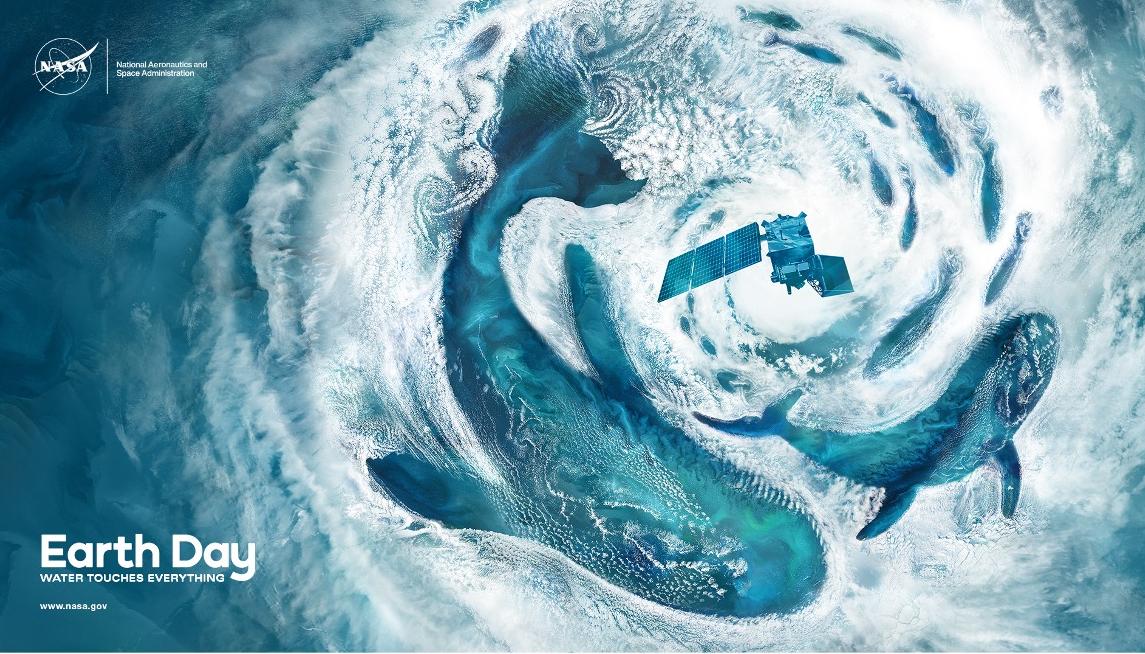 An artist’s rendition of a satellite view of the ocean covered with swirling clouds. Breaks in the clouds in the shape of whales and fish reveal a blue-green phytoplankton bloom in the water. A drawing of a satellite in the in the center right. Text reads Earth Day Water Touches Everything. The NASA logo and National Aeronautics and Space Administration and www.nasa.gov are included in the left corner.