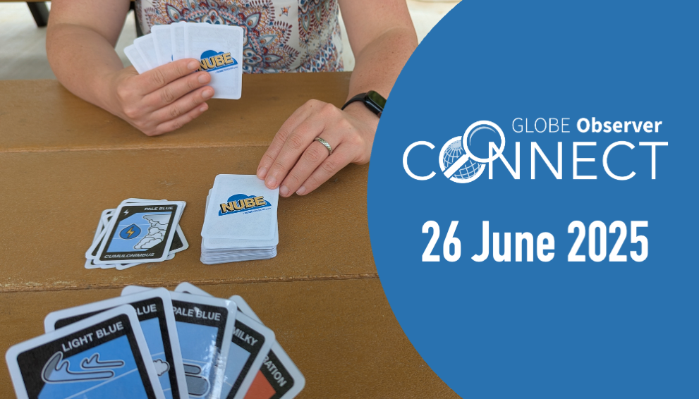 A person holds a hand of NUBE cards, about to draw a new card from the deck, which is next to the discard pile. In the foreground you can see the hand of the person they are playing with. The text says GLOBE Observer Connect, 26 June 2025