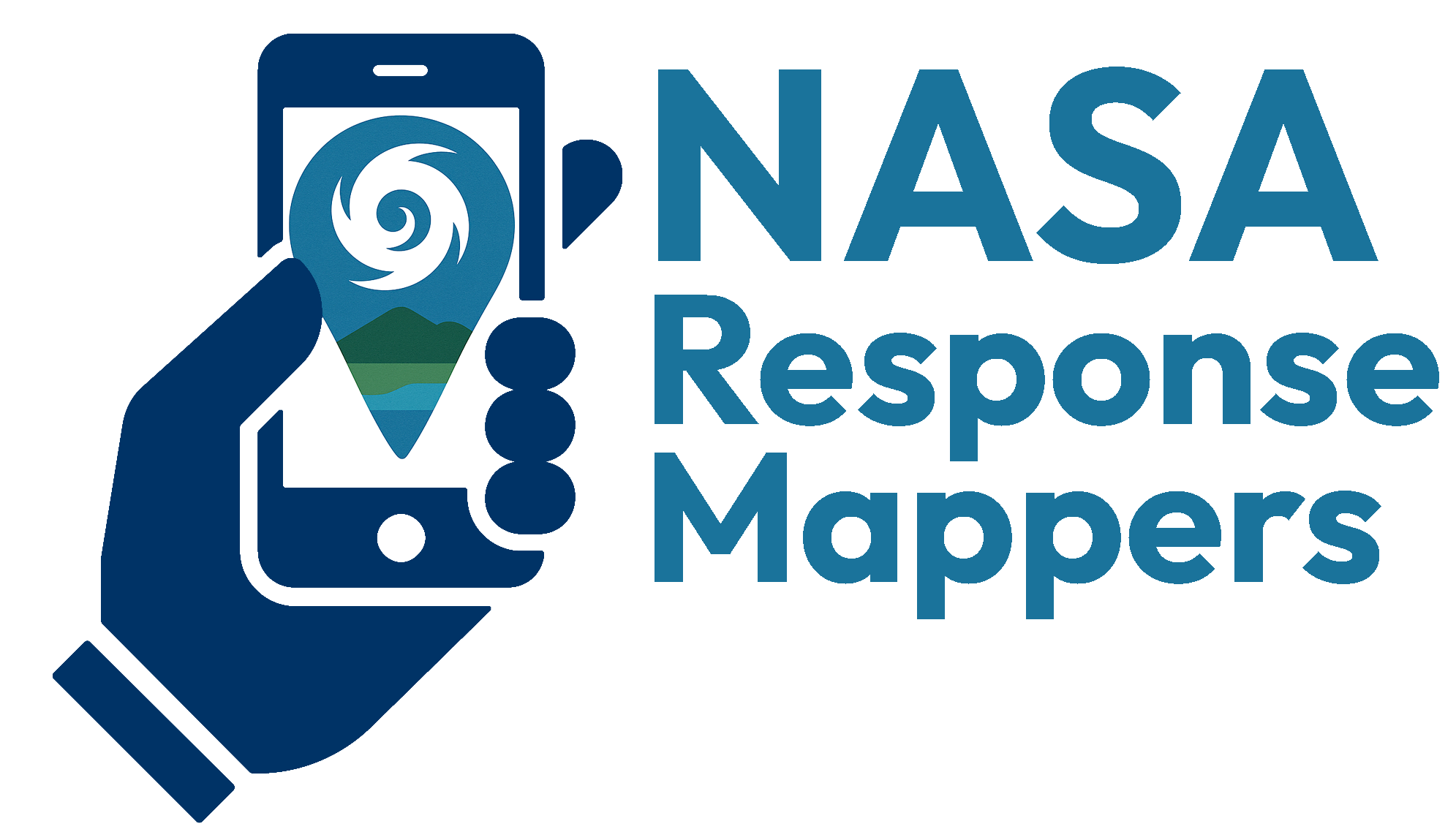 A stylized drawing of a hand holding a phone. The phone screen shows a tear drop shape that includes a drawing of a hurricane over a mountain and river. Text next to the hand reads: NASA Response Mappers.