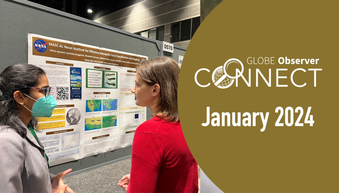 A student stands presenting about her poster to a professional scientist.