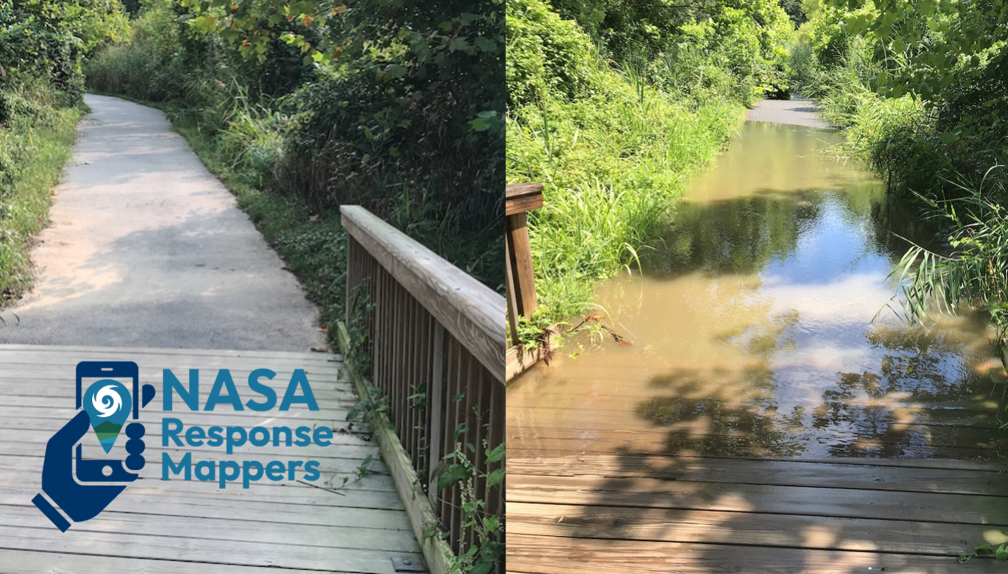 Side by side images of the same boardwalk and path, one with dry conditions and one showing flooding.