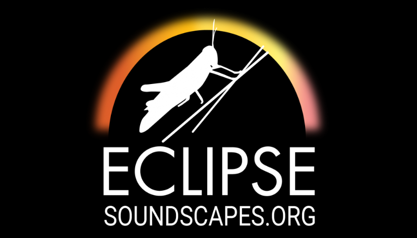 A graphic showing a grasshopper on a blade of grass in front of an eclipsed Sun. Text reads Eclipse Soundscapes.org