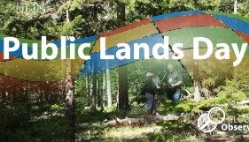 Public Lands Day thumbnail graphic showing an outdoor scene with trees and some people.