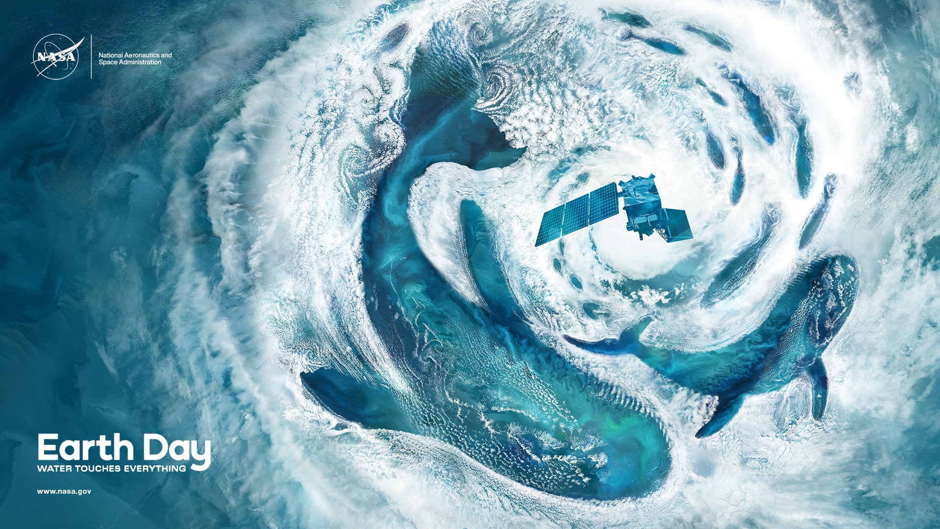 An artist’s rendition of a satellite view of the ocean covered with swirling clouds. Breaks in the clouds in the shape of whales and fish reveal a blue-green phytoplankton bloom in the water. A drawing of a satellite in the in the center right. Text reads Earth Day Water Touches Everything. The NASA logo and National Aeronautics and Space Administration and www.nasa.gov are included in the left corner. 