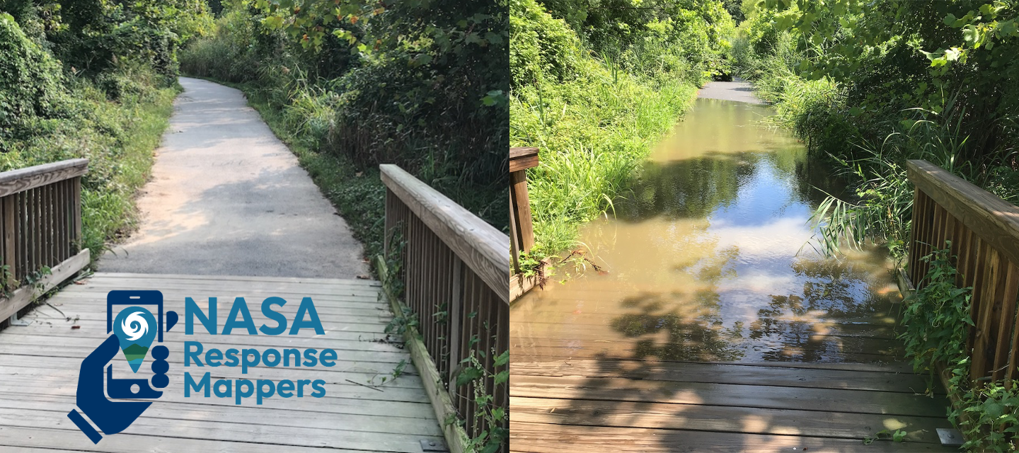Side by side images of the same boardwalk and path, one with dry conditions and one showing flooding.