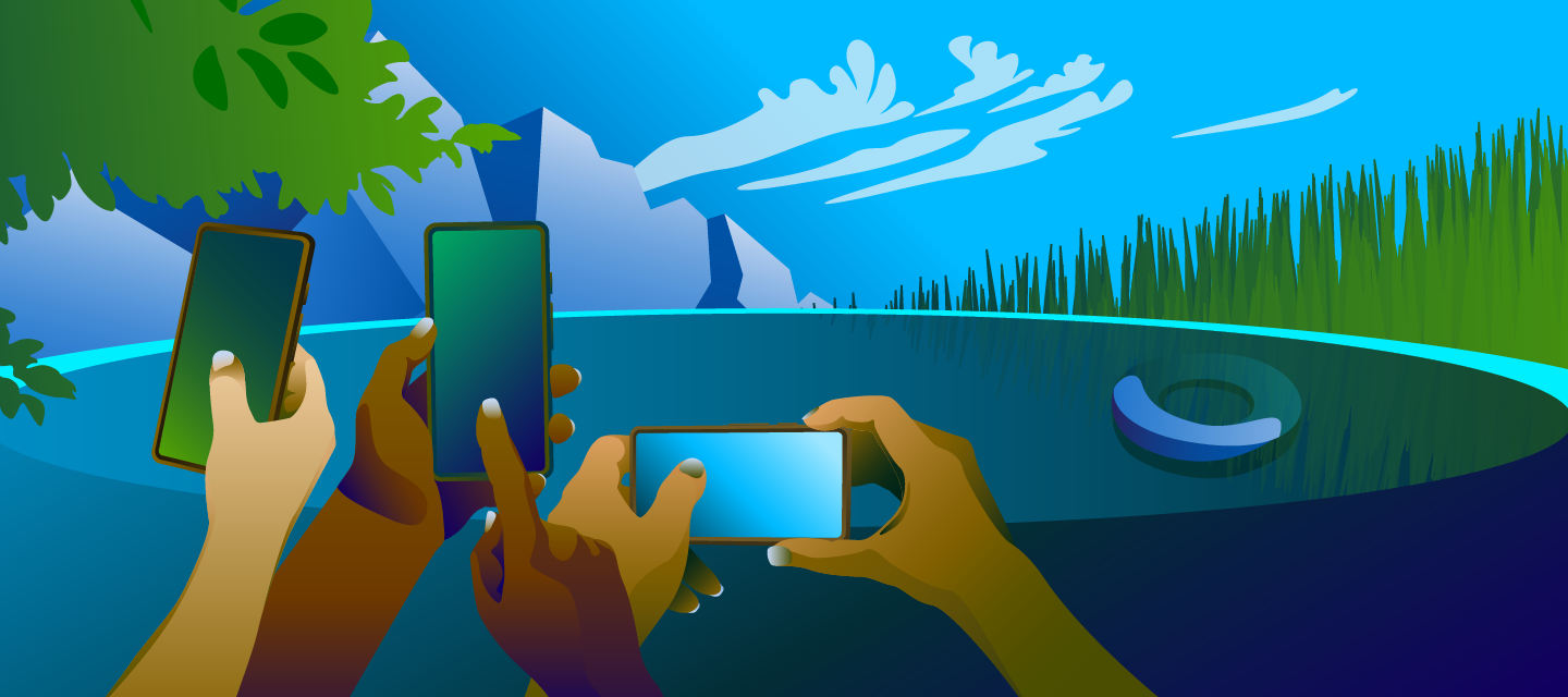 Hands holding cell phones and taking observations of the environment