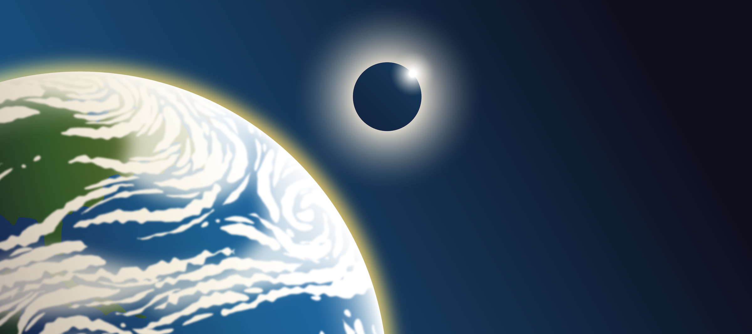 A drawing of the Earth with an eclipsed Sun next to it.