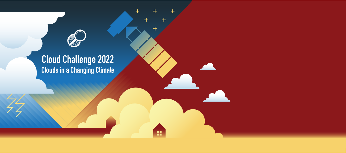 Banner for the Cloud Challenge 2022: Clouds in a Changing Climate, with images of clouds and a lightning storm, dust near the group, a stylized representation of the Sun's energy hitting the surface, and a satellite surveying it all.