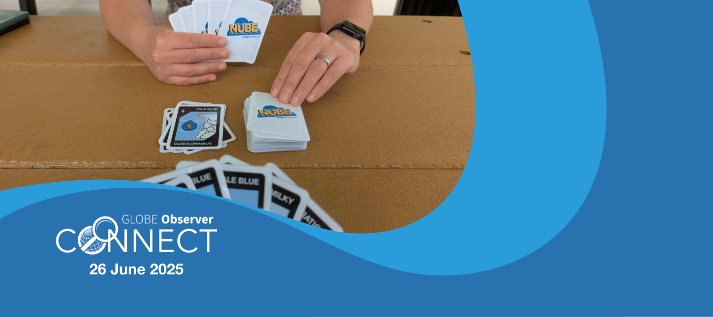 A person holds a hand of NUBE cards, about to draw a new card from the deck, which is next to the discard pile. In the foreground you can see the hand of the person they are playing with. The text says GLOBE Observer Connect, 26 June 2025