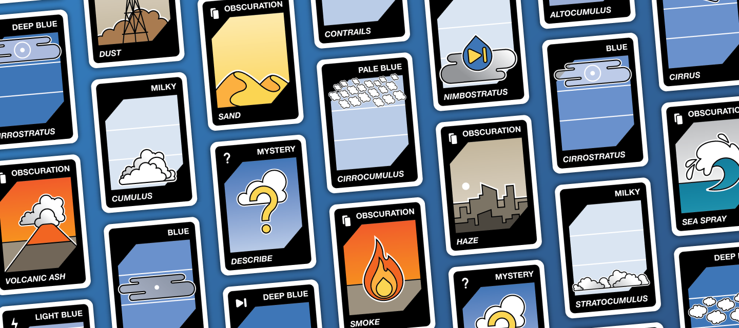 Columns of cards from the NUBE game, showing different clouds types, obscurations and more.