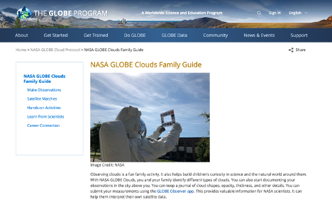 Home screen of NASA GLOBE Clouds Family Guide, with a menu for how to make observations, information about satellite matches, hands-on activities, etc.