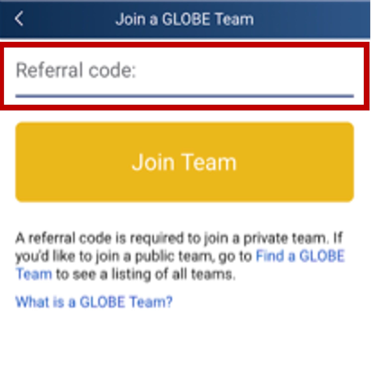 Image of the "Join a GLOBE Team" page in the GLOBE Observer app.