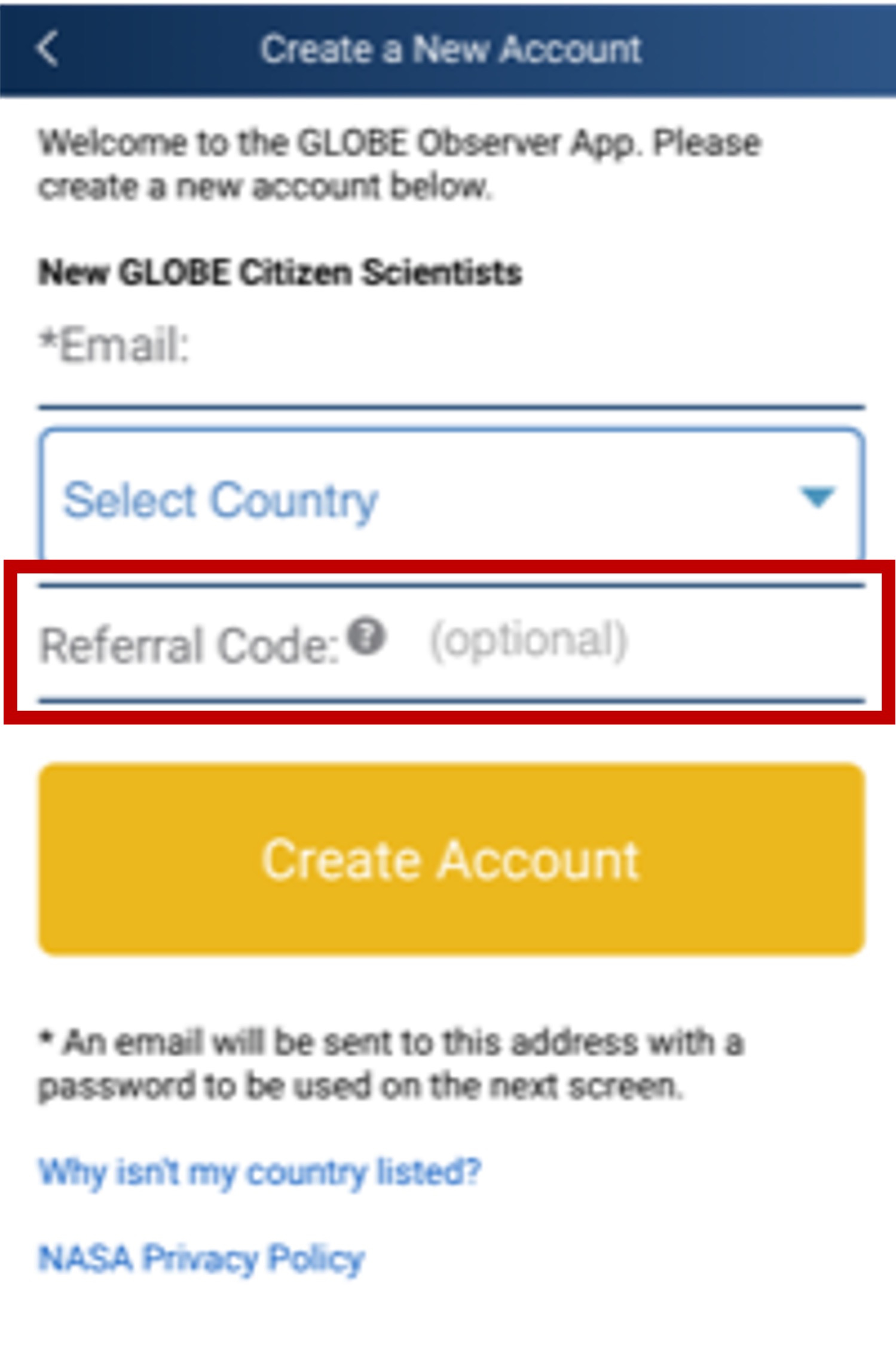 Image of the "Create New Account" page in the GLOBE Observer app with the Referral Code box highlighted.