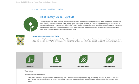 Screenshot of the Trees Family Guide for the "Sprouts" age level, including sections based on topics such as tree height, impacts on trees, etc.