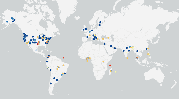 Map of land cover and mosquito habitat observations submitted from 38 countries during the Where is the Water challenge in May 2023.