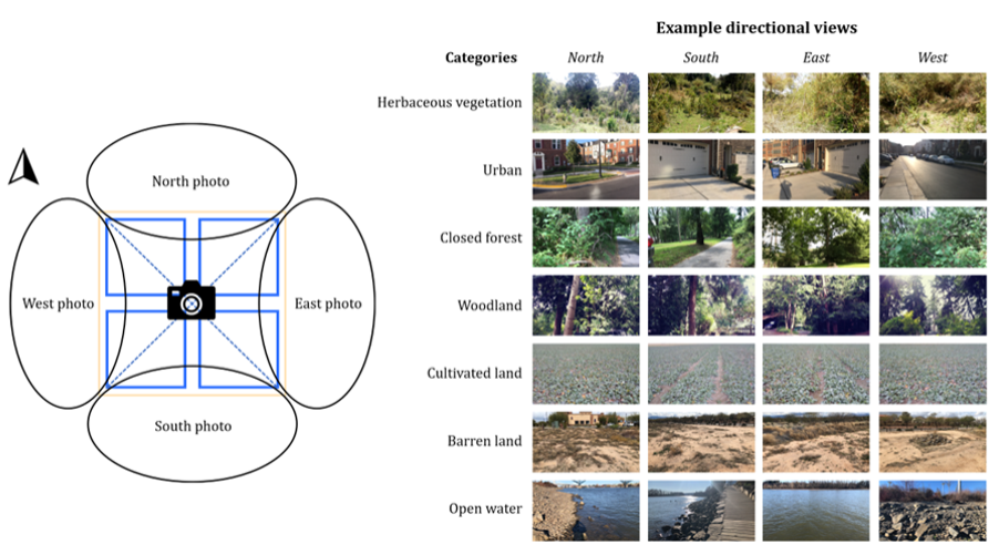 Diagram showing a camera in the middle and the four directional photos taken. On the right are examples of land cover type photos: herbaceous vegetation, urban, closed forest, woodland, cultivated land, barren land, and open water.