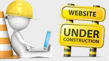 A figure works on a laptop with construction motifs (hard hat, cone, sign).