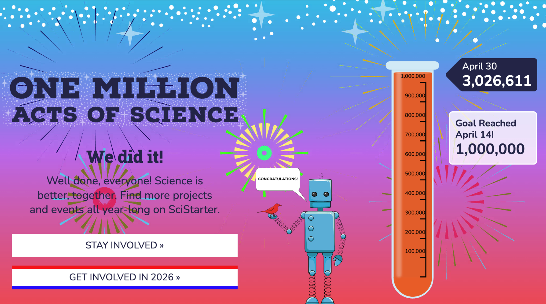 One Million Acts of Science congratulatory image, with a test tube filled up all the way to 1,000,000, a robot with a thought bubble saying congratulations, and fireworks in the background.