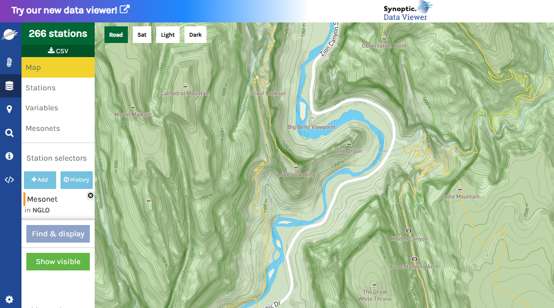 Screenshot of the Synoptic Data Viewer, with a topographic map showing a river valley and options for selecting data in a menu on the left.