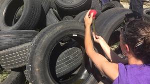 The photo shows a woman kneeling with her back to the camera in front of a stack of discarded tires. Water is visible in one tire. She holds a large pipette (kitchen baster) filled with water in front of her eyes.