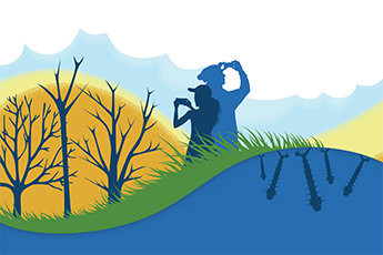 A graphic showing silhouettes of two people taking observations with their phones. They are standing between water with mosquito larvae in it, grass, trees, and clouds, which represent the tools within the GLOBE Observer app.