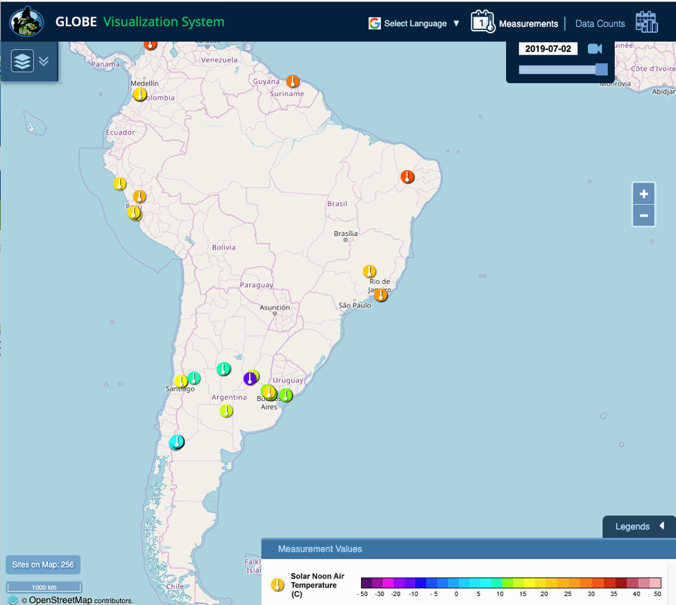 Map of GLOBE Air Temperature data from July 2nd, 2019