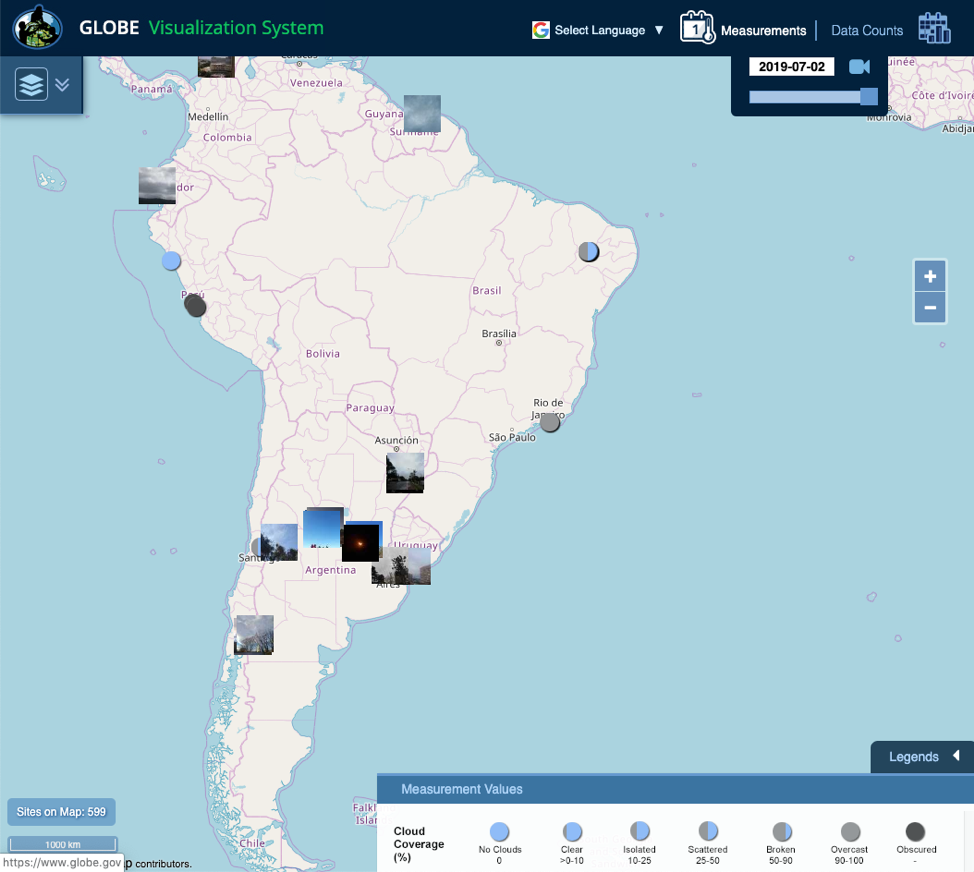 Map of GLOBE Clouds data from July 2nd, 2019