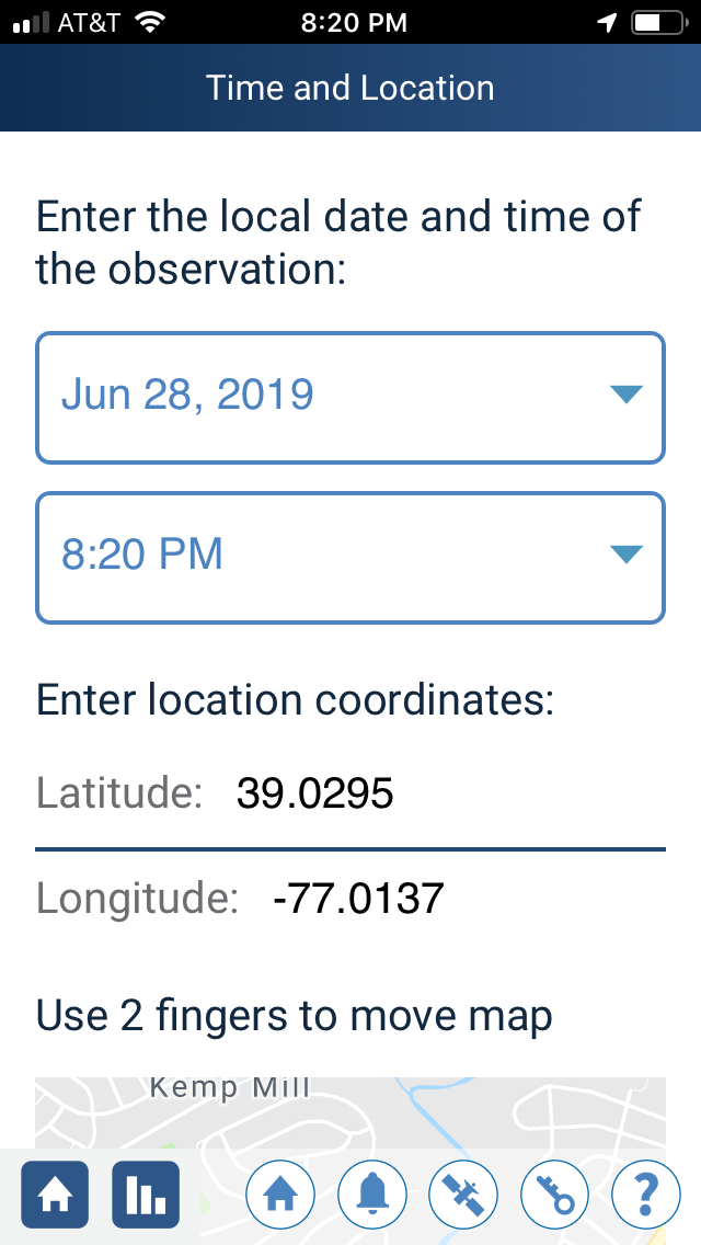 Time and place screenshot from GLOBE Observer app