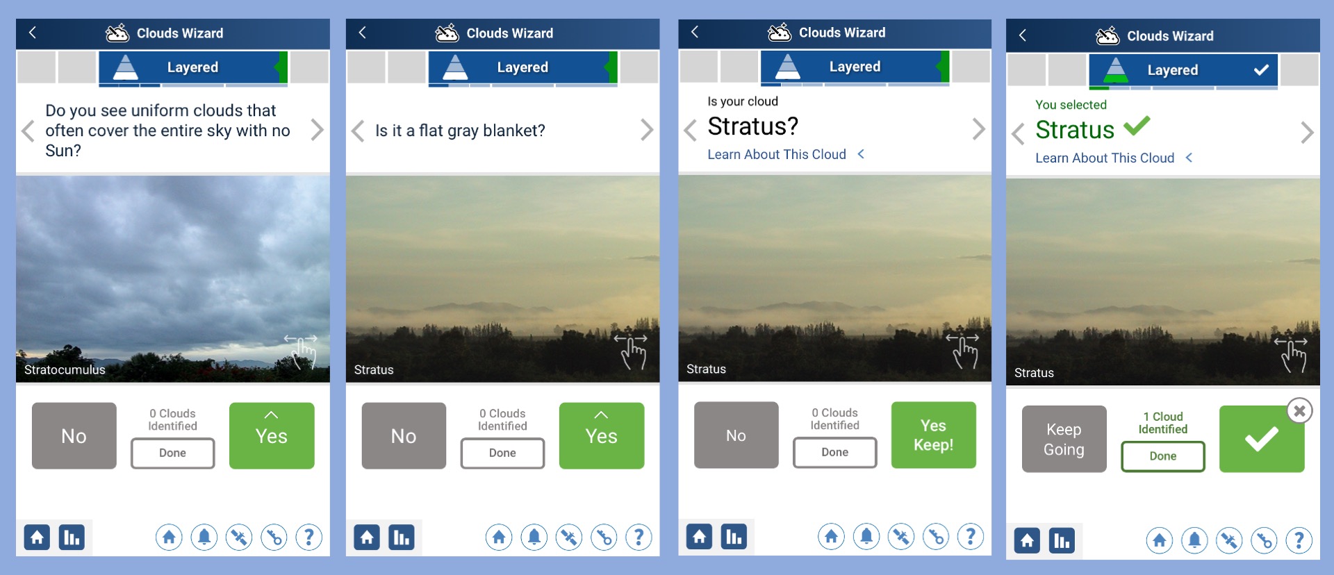 Screenshots showing the selection of a stratus cloud