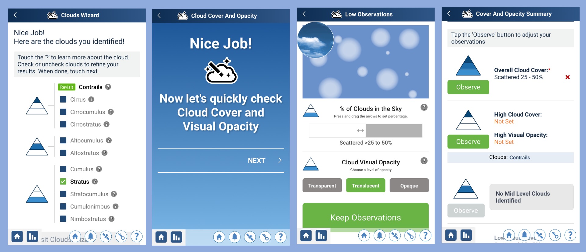 Screenshots showing how the wizard helps with cloud cover and visual opacity
