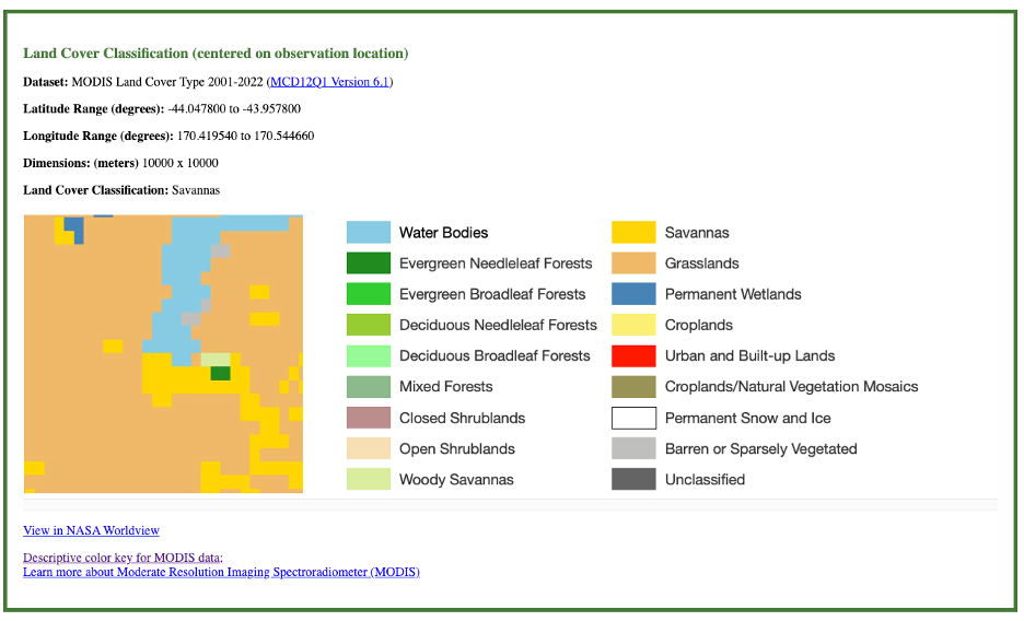 Example of the Land Cover Classification portion of the comparison table. It includes details about the location, a color-coded image centered on the observation location, and a key for the land cover types represented by each color.