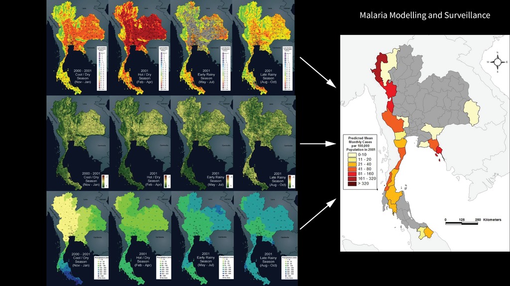 Diagram showing environmental factors feeding in to a model of malaria risk in Thailand.