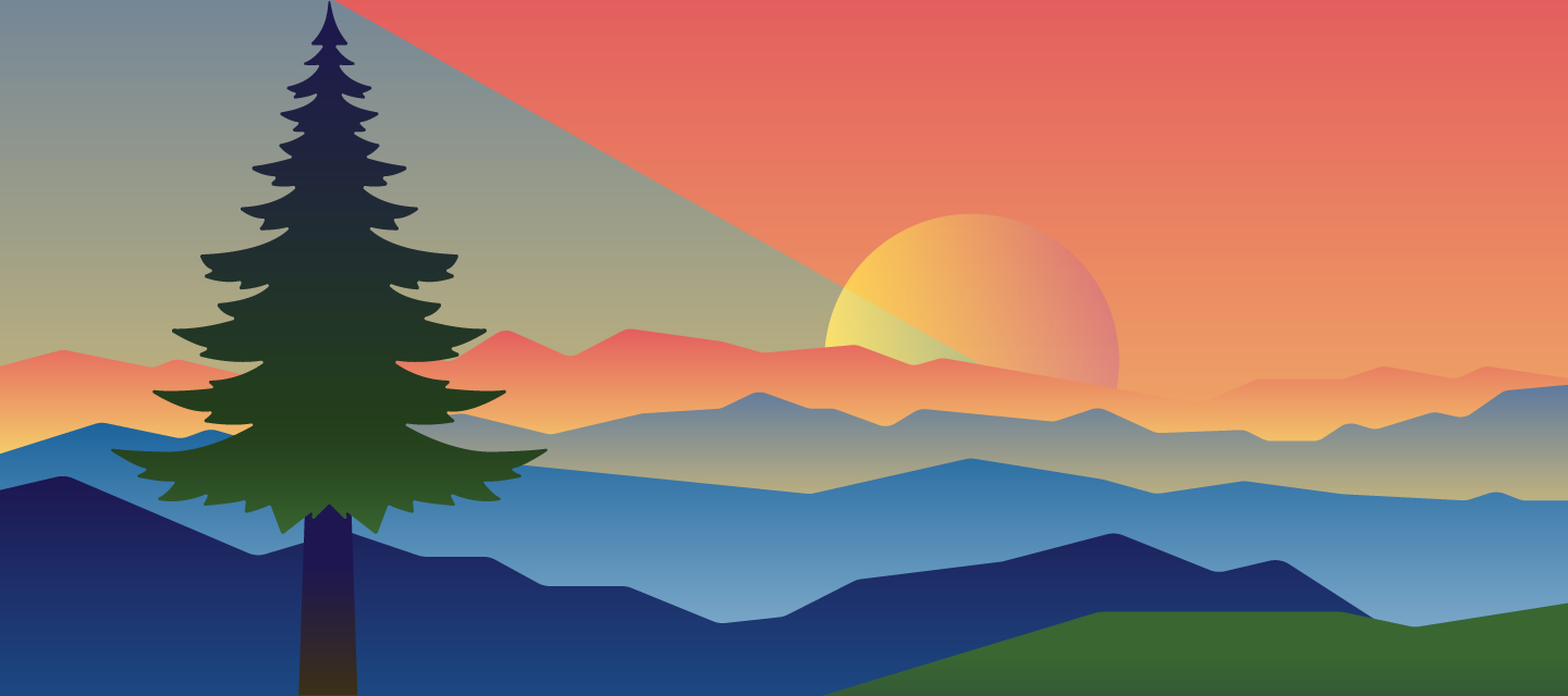Trees Challenge graphic with an evergreen tree in the foreground and several rows of mountains and the sun in the background.