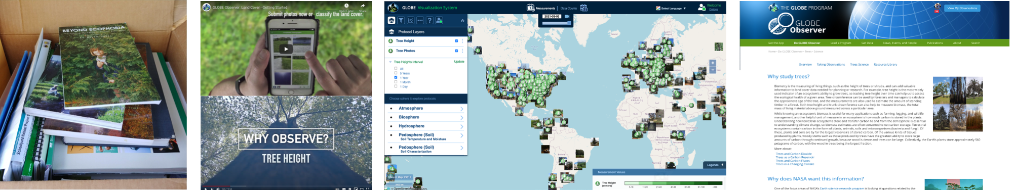 Composite of learn activities, from left: pile of books, screenshots of videos, images of the GLOBE Visualization System, and the Trees Science webpage