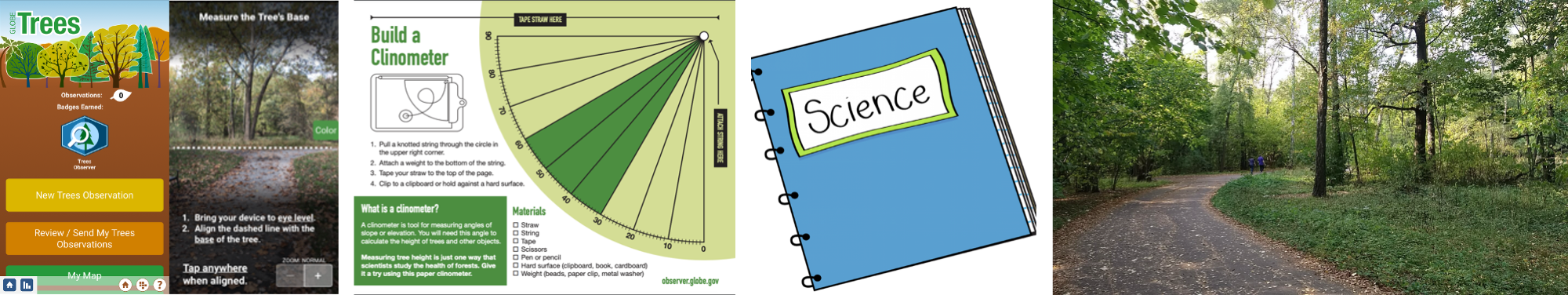 Composite of observe activities, from left: the GLOBE Observer app, the paper clinometer activity sheet, the cover of a science journal, and an image of a landscape with trees.