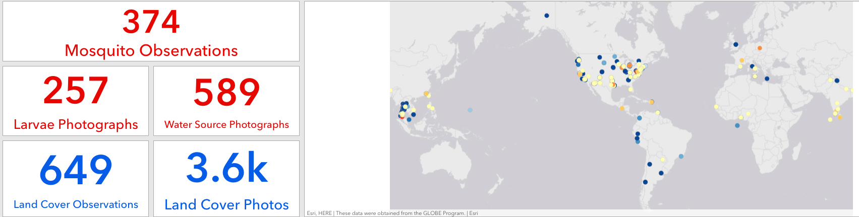 Data dashboard showing 374 mosquito observations with 257 larvae and 589 water source photos, plus 649 land cover observation with 3,600+ land cover photos.